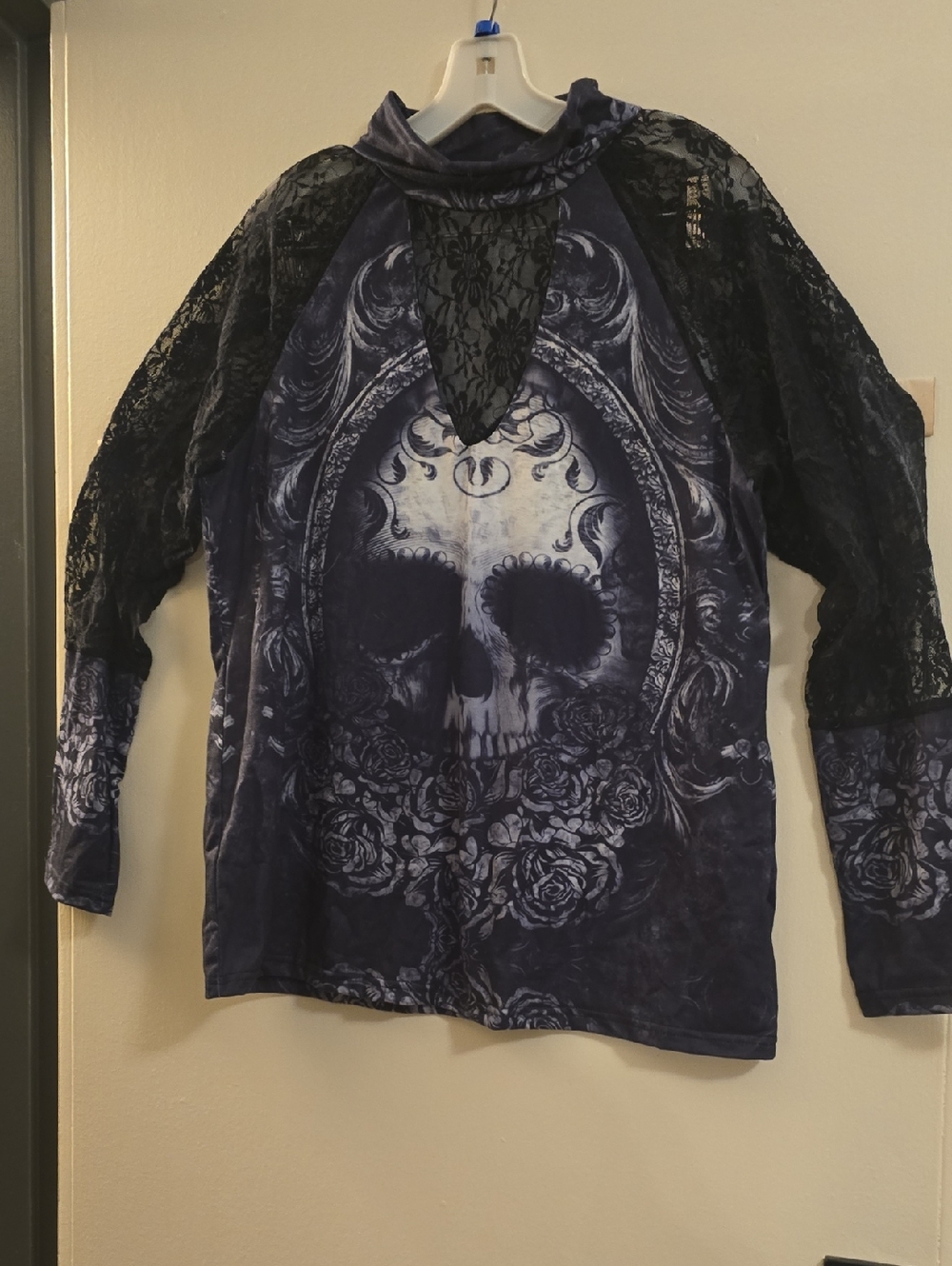 Skull & Roses Lace Sleeve Gothic Top - Black and Dark Gray